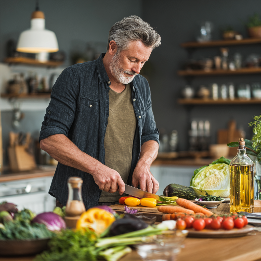 Middle-aged adult preparing a balanced meal with fresh seasonal vegetables in a calm kitchen environment