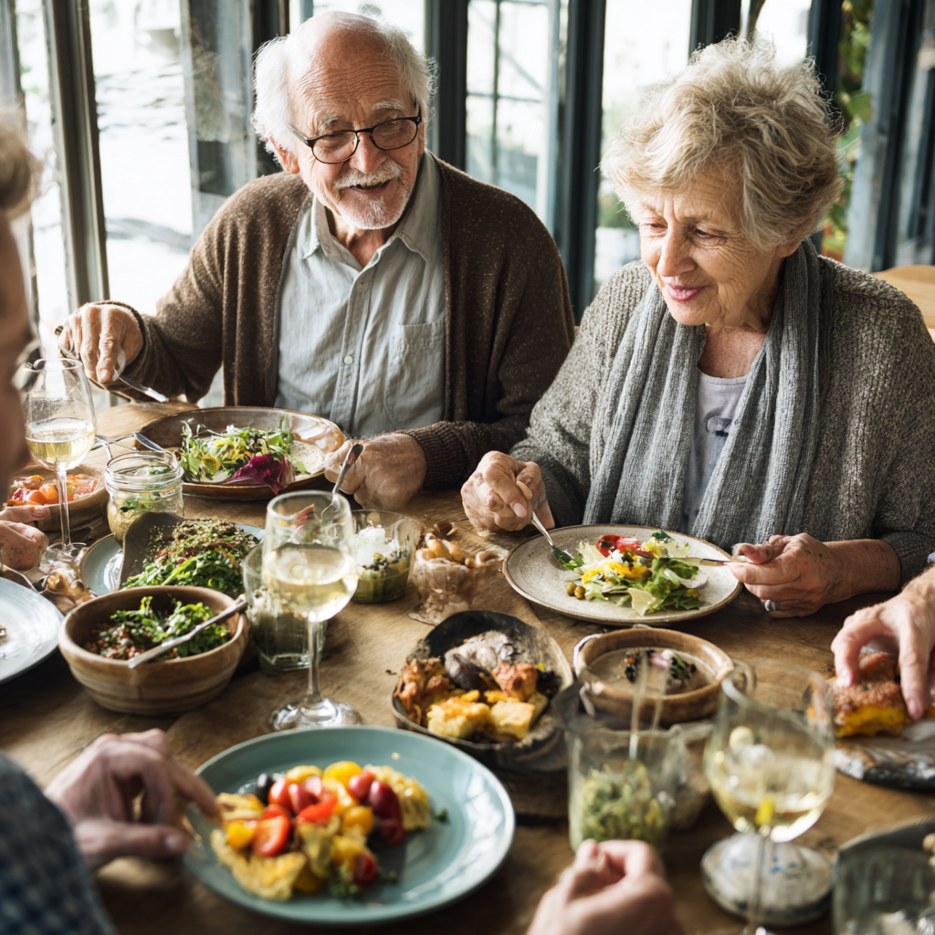 Older adults enjoying a relaxed meal together with varied healthy dishes on the table